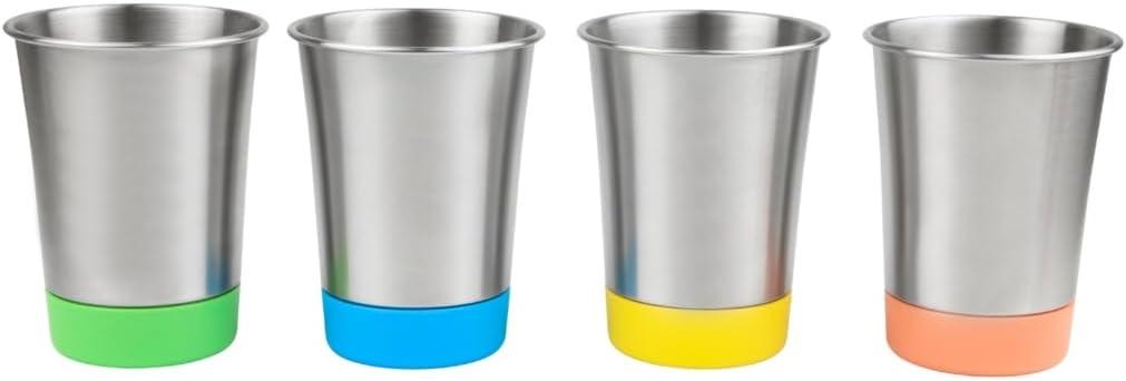 Elk and Friends Stainless Steel Kids + Toddler Drinking Cups | 12oz Tumblers with Colored Base | Durable + Stackable | Travel, Camping + Outdoors | Dishwasher Safe | 4 Pack (Green/Orange/Blue/Yellow)