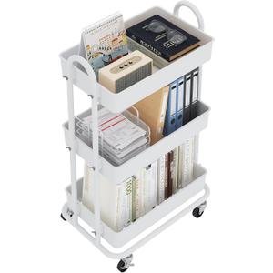 3-Tier Utility Cart with Wheels, Rolling Cart, Storage Shelves, Multi-Functional Organizer Cart for Bathroom, Office, Kitchen, White (No hanging baskets)