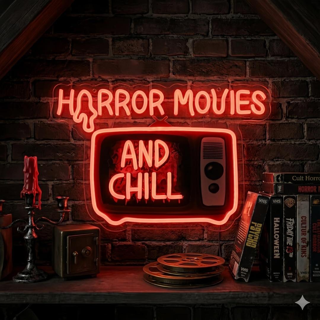 Horror Movies and Chill Neon Sign, USB Powered LED Light Decor | Movie Room Wall Decor for Bedroom, Game Room, Halloween Party, Home Theater and Horror Fans Gift