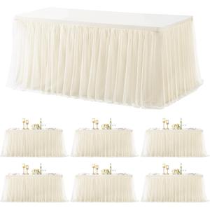 6 Pack Champagne Table Cloth for 8 Foot Rectangle Tables, Stretch Fitted Tulle Table Covers Skirt, Rectangular Ruffle Tutu Tablecloth Wedding Banquet Baby Shower Cake Tablecloths Decorations