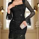 Meetjen Women's Sparkly Ruched Bodycon Mini Dress Sexy Sheer Mesh Bell Long Sleeve Square Neck Short Club Party Dresses (XS)