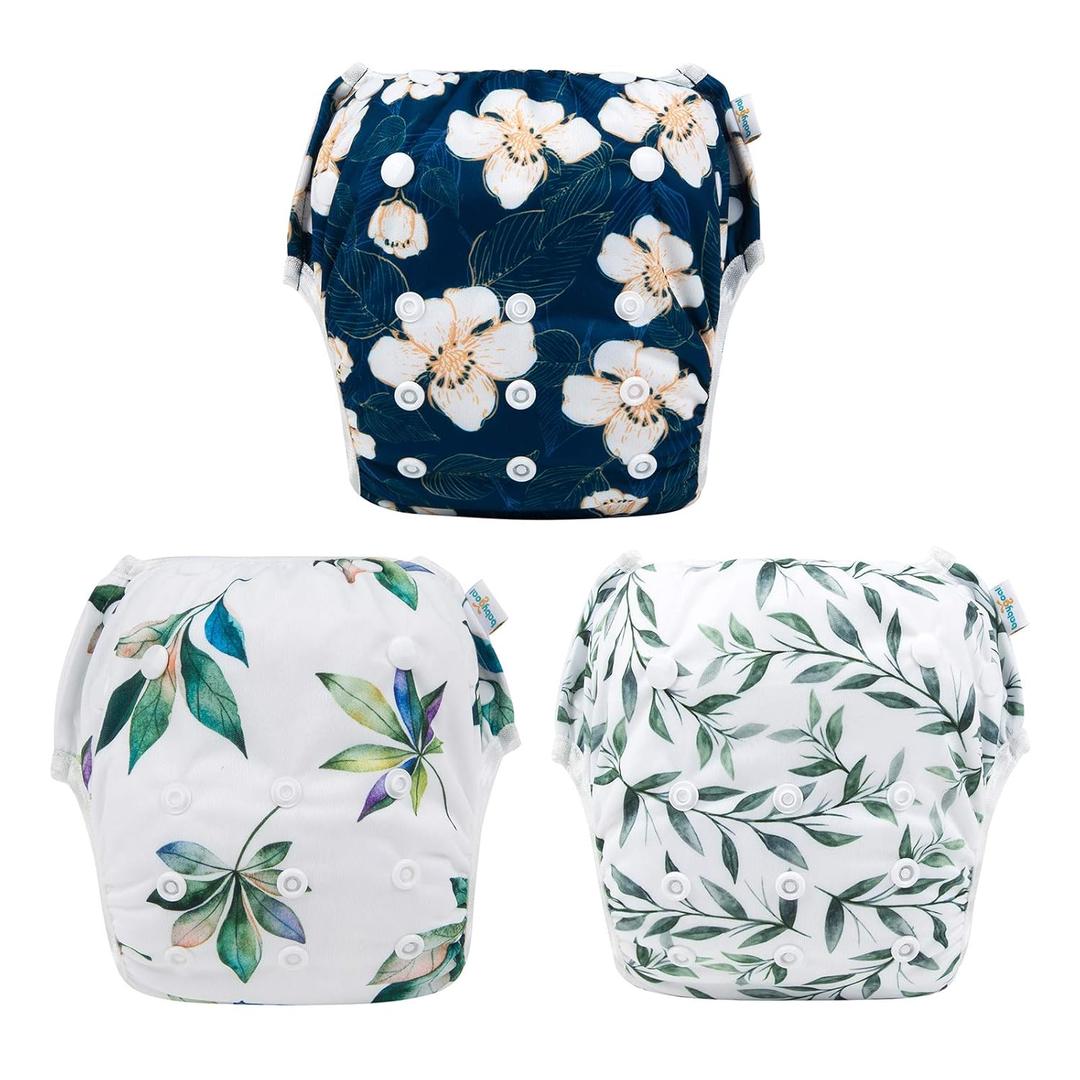 Babygoal Baby & Toddler Girl and Boy Swim Diapers, Reusable Adjustable Washable One Size Fits 6M-3T Gifts and Swimming Lessons 3 Pack 3ZSD10 (Large, Leaves & Pear Blossoms)