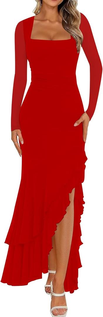 BORIFLORS Women's Bodycon Ruched Mesh Long Sleeve Maxi Dress Mermaid Ruffle Formal Cocktail Party Long Dresses, Large, Red