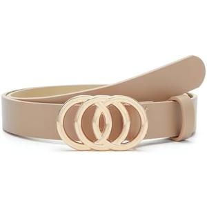 Pettata Women Belt for Jeans Dress O-Style Gold Buckle Ladies Skinny Waist Faux Leather Belts Beige Small