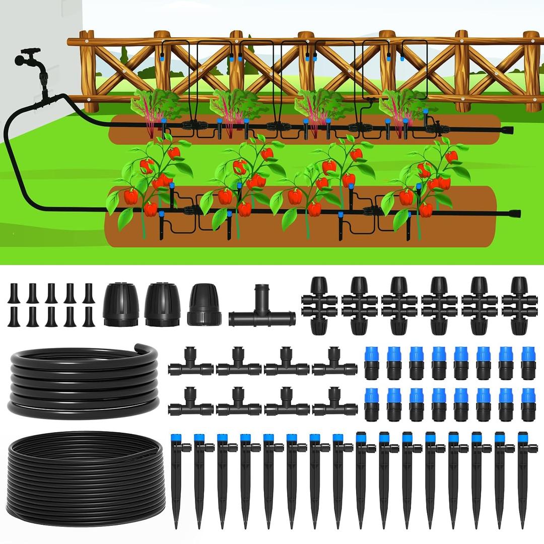 MIXC 247 FT Drip Irrigation System,Quick Connector Garden Watering System Automatic Sprinkler System Kit for Lawn Raised Bed Greenhouse Plant Watering System with 1/4'' Tubing,Drip Emitters,Connectors, 50FT Main tube+197FT 1/4'' tube