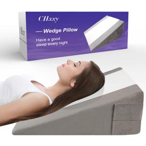 CHxxy Memory Foam Bed Wedge Pillow (10"x24"x24") - Acid Reflux & Back Pain Relief, Anti-Snoring Incline Design, Removable Washable Cover for Sleep & Post-Surgery Support (White&grey)