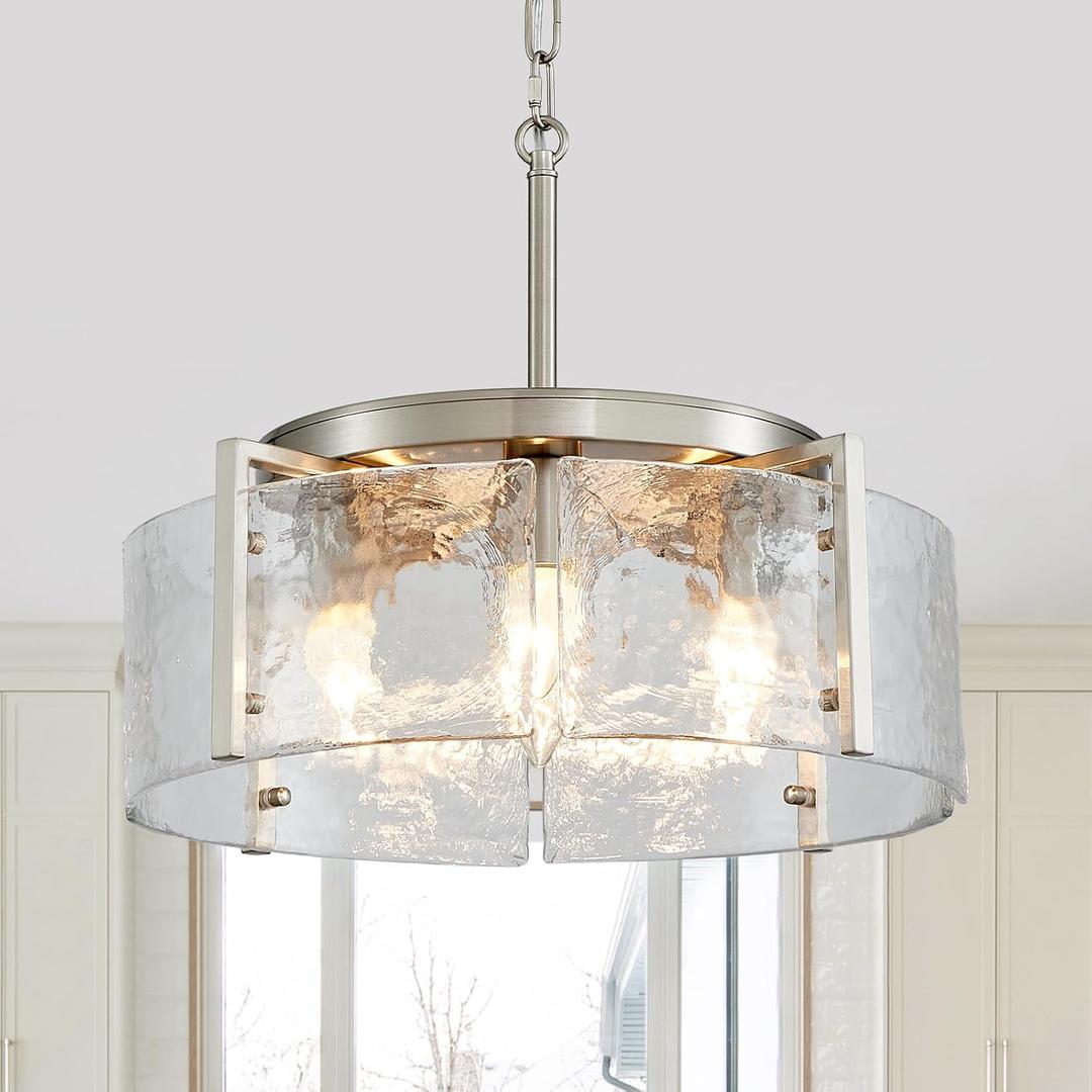 4-Light Glass Brushed Nickel Chandeliers for Dining Room 17.3" Round Modern Farmhouse Chandelier Drum Hanging Pendant Ceiling Light Fixture for Hallway Entryway Kitchen Island Foyer Bedroom