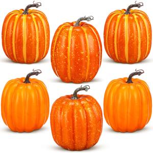 VioraWhite 6 Pcs Thanksgiving Fall Large Orange Foam Pumpkins 7.28 Inch Jumbo Faux Foam Pumpkins Decorations Artificial Vegetables Halloween Giant Fake Artificial Decor for Autumn Harvest Home Kitchen