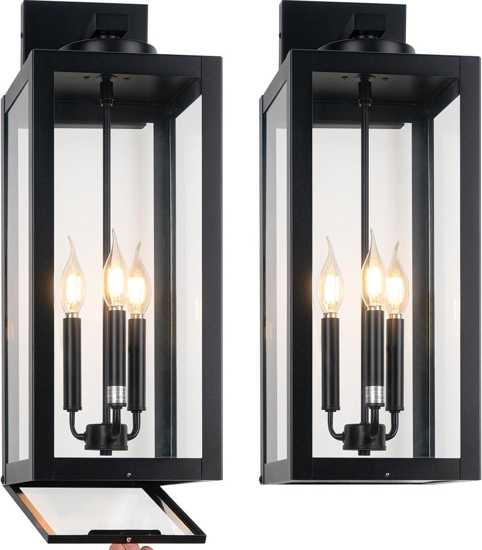 24" Extra Large Fully Enclosed Outdoor Light Fixture 3-Light, Black Outdoor Porch Lantern Wall Mounted, Waterproof Modern Outside Wall Sconce Coach Lamp for House, E12, 2 Packs (Black (No Sensor))
