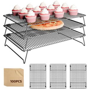 3 Layer Detachable Collapsible Cooling Racks, 17 * 11 Inch Cooling Wire Rack Stackable Drying Rack Cookie Rack Bread Cooling Rack (Large)