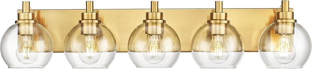 Bathroom Light Fixtures, 5 Light Brushed Gold Vanity Light, 32 Inch Modern Wall Sconces with Globe Clear Glass Shade, Vanity Lighting Fixtures Over Mirror, VL195-BG-CL-5 (5-Light, Brushed Gold, Clear Glass)
