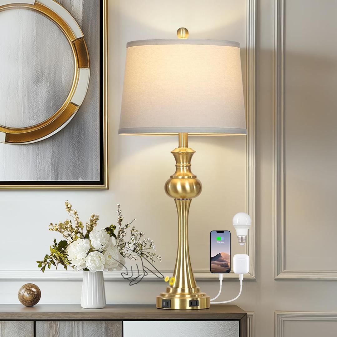 CINSARY 29" Gold Table Lamp, Touch Control Gold Lamp with USB Charging Port, Tall Gold Bedside Lamp with White Fabric Shade, Modern Gold Nightstand Lamp for Bedroom, Living Room, Office Decor