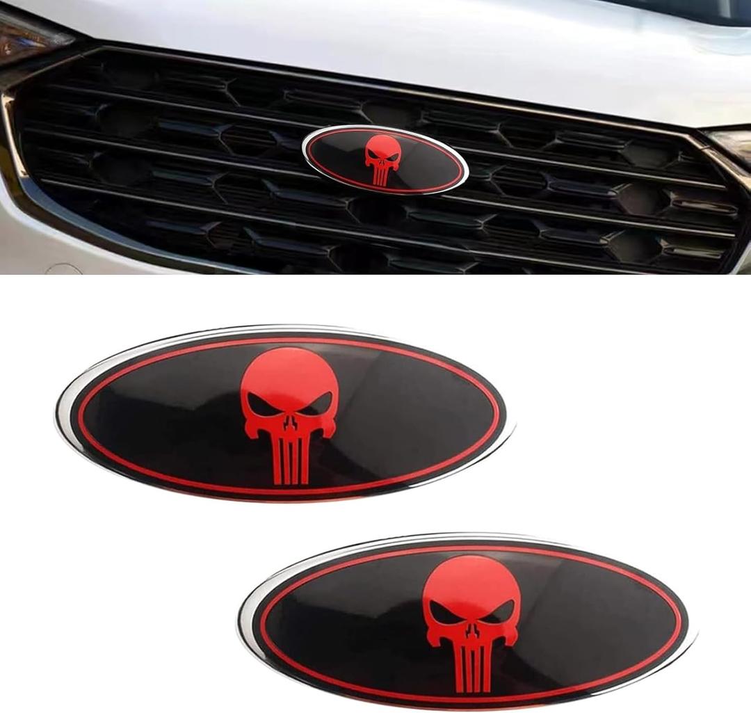 UGSHY Pack of 2 Front Grille Emblem, Central Mesh Cover Label, Rear Tailgate Emblem Badge Nameplate, Compatible with Ford F150 F250 F350 (Skull Red) (7")