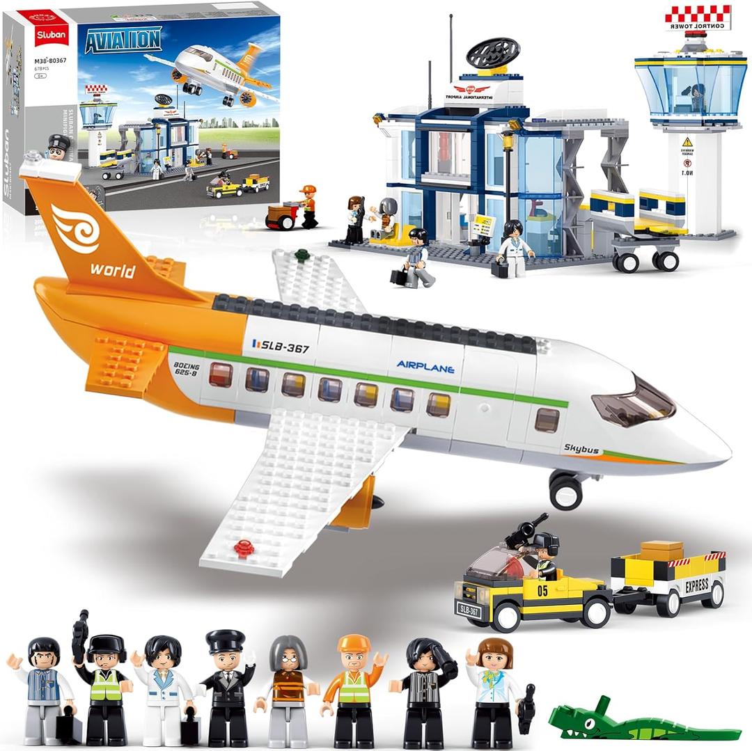 Airplane Building Set, City Airport Passenger Plane Toy for 6+ Year Old Boys and Girls, Compatible with Lego Plane, with an Airplane, Control Tower, Terminal, Baggage Cart, 8 Minifigures