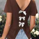 RoseSeek Women's V Neck Bow Backless Tops Cap Sleeve Elegant Casual Tshirt (Brown, XS)
