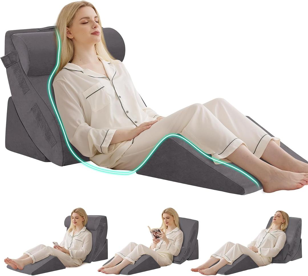 4PCS Wedge Pillow Set for After Surgery, Orthopedic Bed Wedge Pillow for Back Pain Relief, Sitting Up in Bed, Acid Reflux, Adjustable Post Surgery Pillows for GERD, Snoring, Velvet Grey