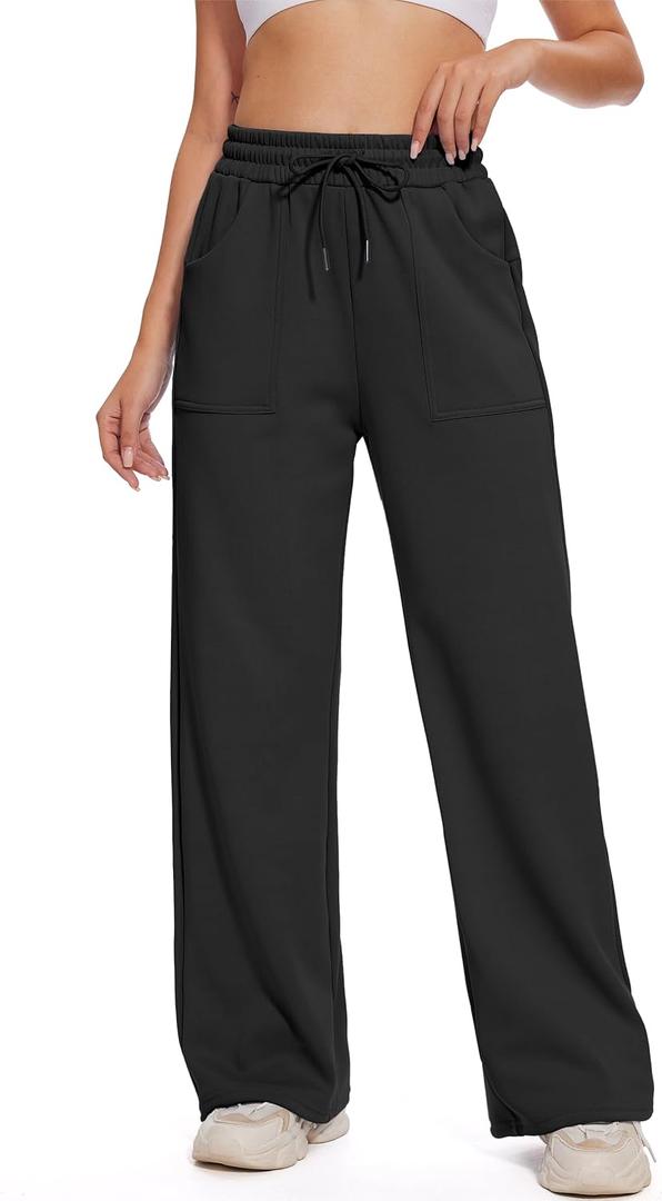 M MOTEEPI Womens Fleece Wide Leg Sweatpants Baggy High Waisted Winter Sweats Pants Straight Legs Athletic Pants with Pockets (X-Large, Black)