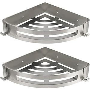 NearMoon Bathroom Shower Caddy 2 Pack, No Drill 304 Stainless Steel Shower Organizer with 2 Hooks (Corner Shelf, Brushed Nickel)