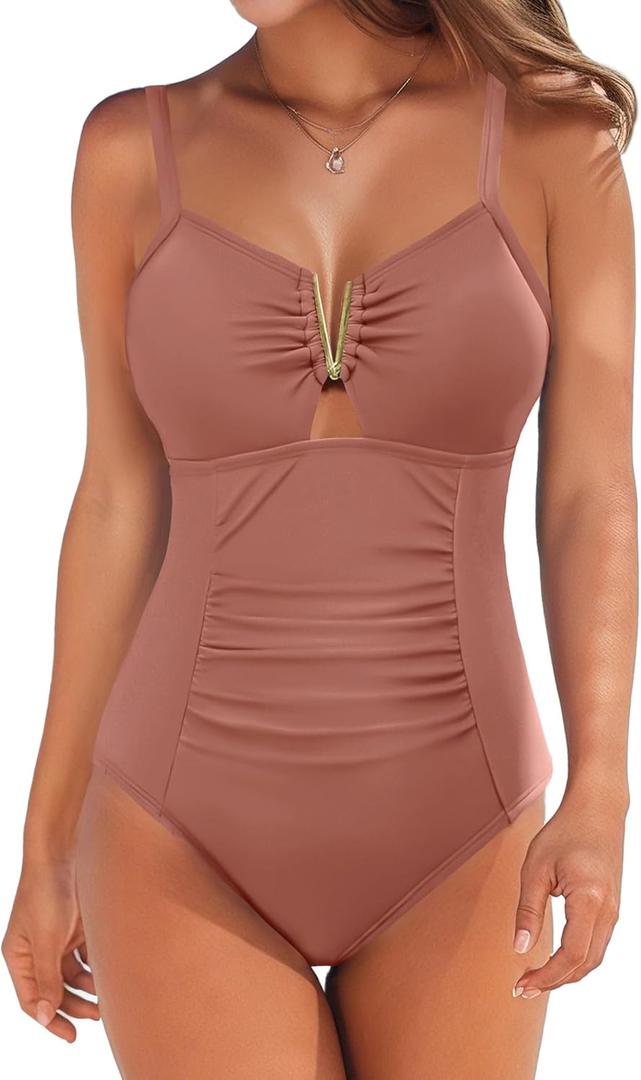 AI'MAGE Women's Tummy Control Swimsuits Ruched Slimming One Piece Bathing Suit V Neck Swimsuit (Medium)