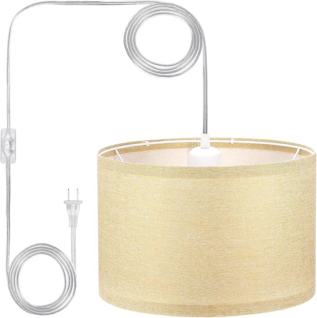 PATIKIL Plug in Pendant Light, 15Ft Rope Cord Hanging Lamp Fixture with ON/Off Switch, Linen Fabric Shade E26/E27 Bulb Socket for Bedroom Kitchen Living Room, Linen