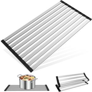 23.6" x 12.8" Roll-Up Dish Drying Rack Over Sink - Kitchen Sink Cover and Organizer Gadget with Foldable Stainless Steel Drainer and Sink Mat, Silver Dish Rack - Large