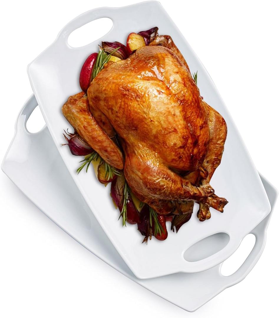 Turkey Serving Platter for Entertainment, Thanksgiving, Turkey, Serving Tray with Handles Large, Party, Display, LYEOBOH 16 inch Rectangle Porcelain Platters Set of 2, White