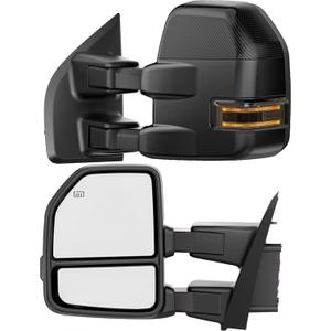 Smoked Power Heated Tow Mirrors Compatible with 2015-2020 Ford F150 F-150, Extended Trailer Towing Side Mirrors w/LED Turn Signal & Ambient Temp Sensor(for 2019+), Carbon Fiber Grey Housing