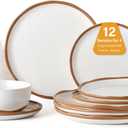 Lareina Plates and Bowls Set, 12 Pieces Farmhouse Ceramic Dinnerware Sets, Scratch Resistance, Dishwasher Microwave Safe, Vanilla White (Service for 4-12Pcs)