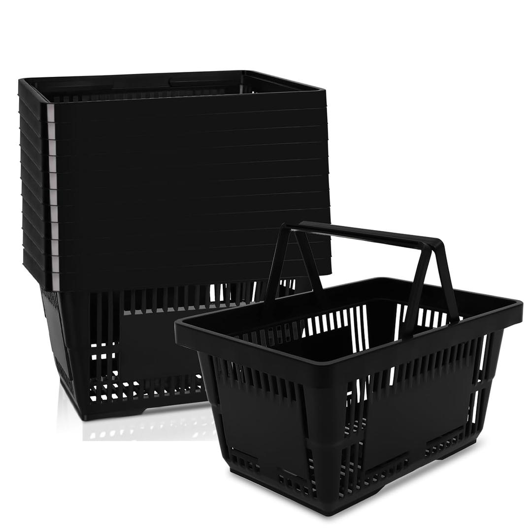12PCS 21L Shopping Basket With Plastic Handles, Portable Grocery Basket, Black