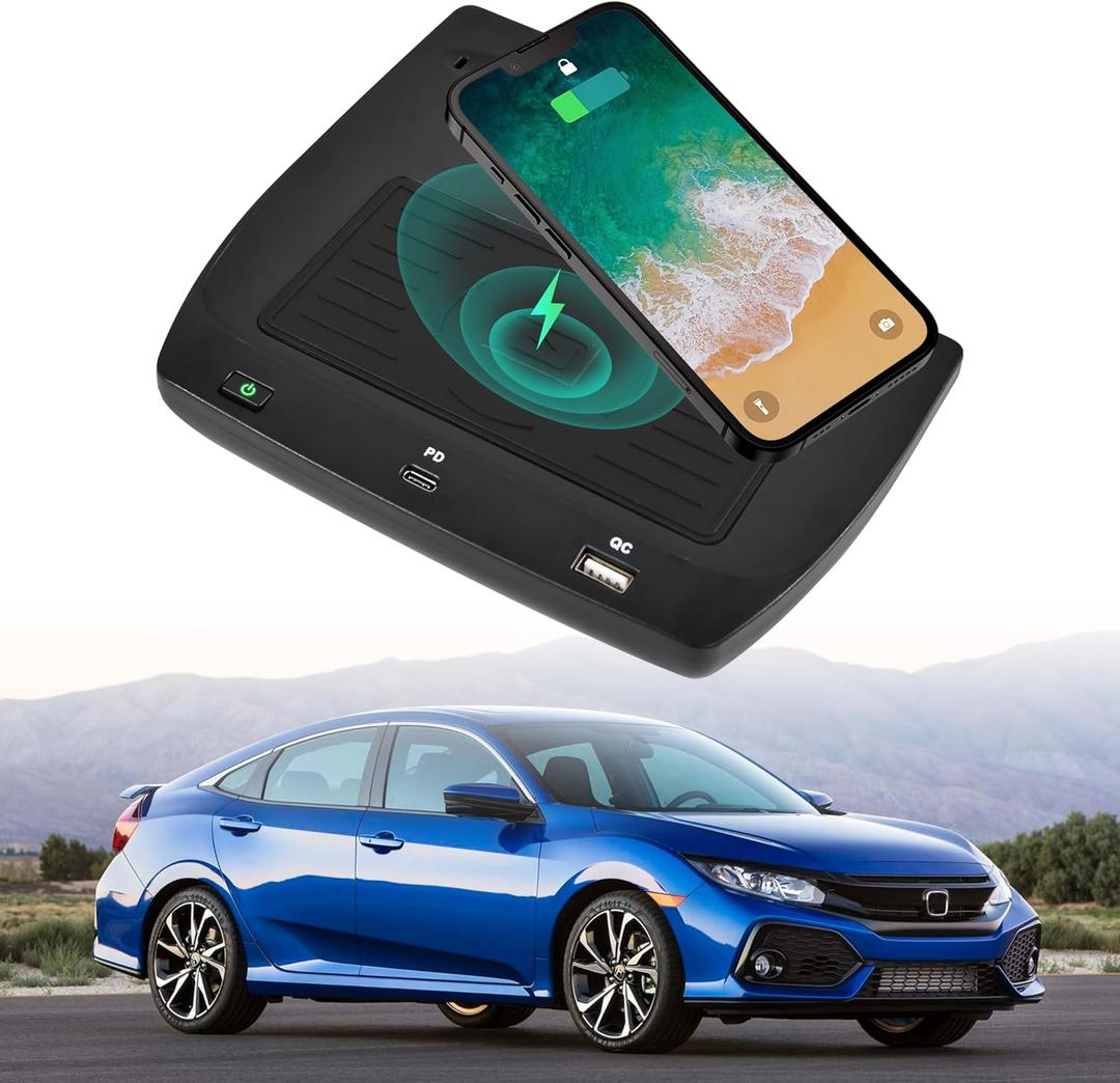 KEWISAUTO Car Wireless Charger for 2016-2021 Honda Civic, Center Console Charging Panel USB-A USB-C Fast Phone Charger Pad for Honda Civic 2016 2017 2018 2019 2020 2021 Accessories