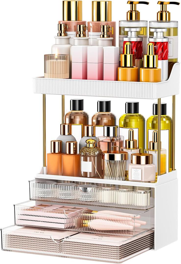 5 Tiers Bathroom Counter Organizer - 3 Drawers Makeup Organizer, Cosmetic Storage Drawer for Dresser Countertop and Bathroom Vanity for Large Skincare, Perfume, Clear (1 PACK)