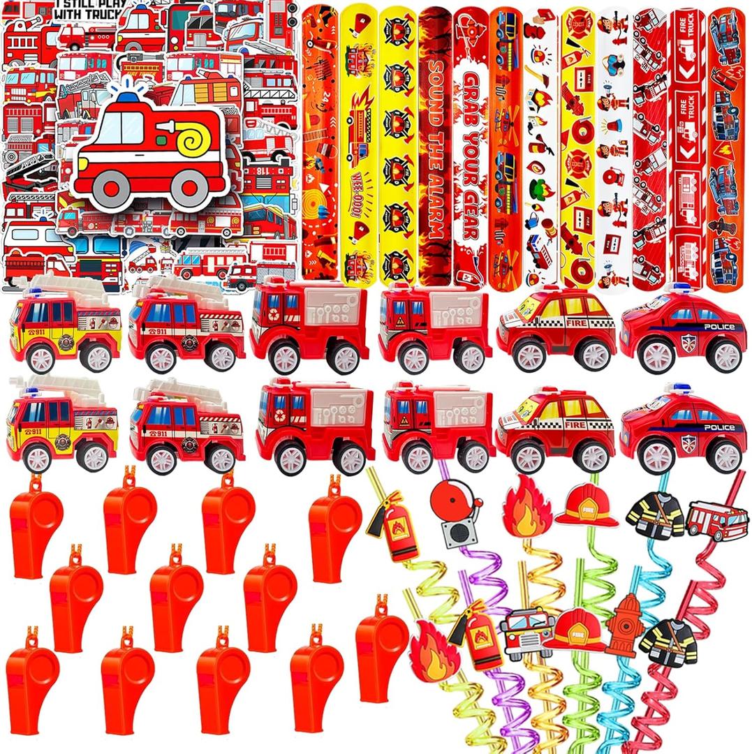 Fire Truck Party Favors Set - 110 Pcs with Firefighter Stickers, Slap Bracelets, Drinking Straws & More for Firefighter Themed Birthday Party