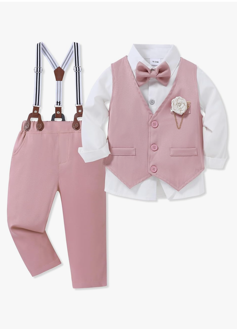 WESIDOM Toddler Boy Clothes Suit Formal Dress Shirt+Bowtie+Vest+Boutonniere+Suspender Pants Boys Gentleman Outfits Set Size 3-4 T
