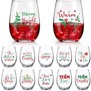 12 Pcs Christmas Glasses Bulk 12 oz Merry Xmas Stemless Glass Funny Tree Santa Snowman Drinking Cups Xmas Party Gift for Family Friends Party Event (Christmas Words)