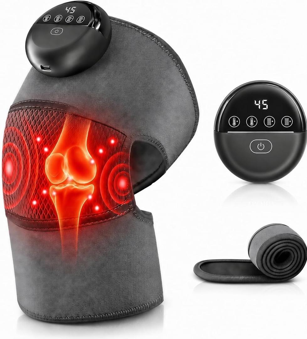 Cordless Heated Knee Massager, Wearable Wrap, 4 Heat Levels, 6 Vibration, 15/30/60 Min Timer, Type-C (Gray)