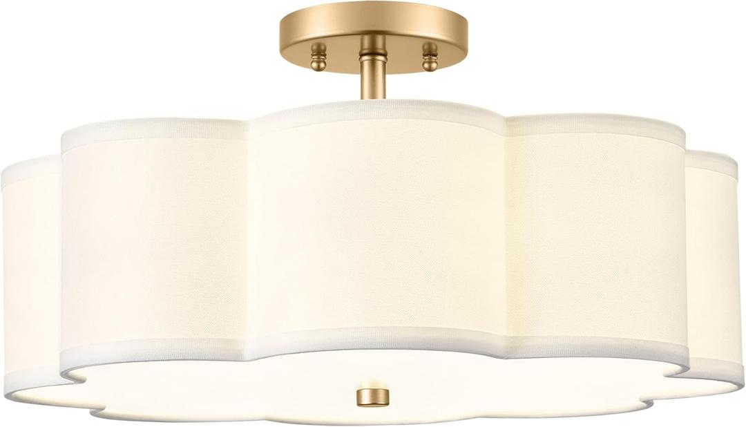 Gold Semi Flush Mount Ceiling Lights, 4-Light 18" Ceiling Light Fixtures with Fabric Shade in Flower Shape, Farmhouse Brass Drum Lighting for Nursery Bedroom Kitchen, AD-22009-4SF-GD, 18", Single Shade