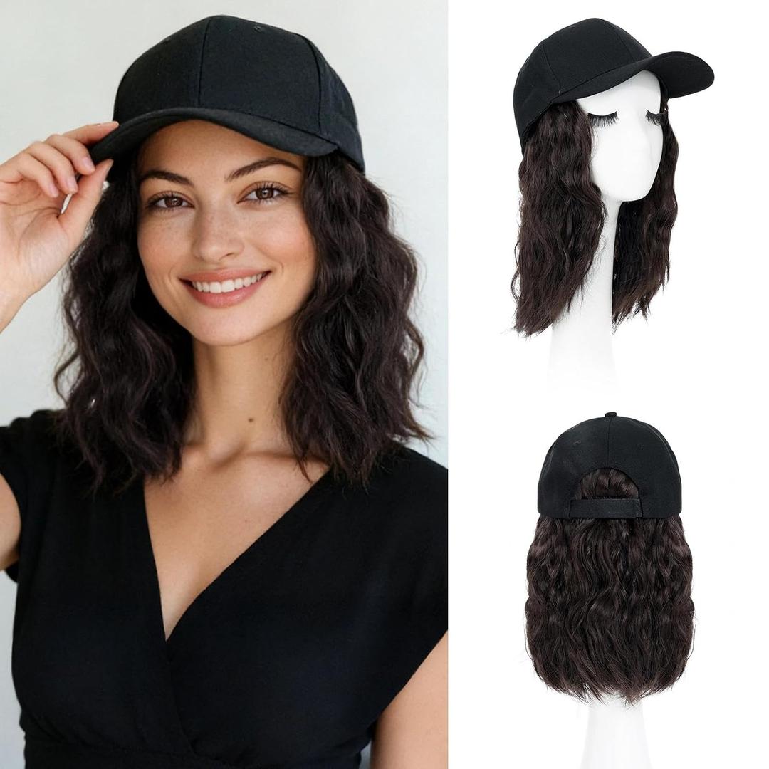 Benehair Hat Wig Extensions, Baseball Cap with Synthetic Hair Attached, Adjustable Wig Hairpieces for Women Daily Outdoor, 8 Inch Short Wavy Bob Dark Brown Hair with Black Cap