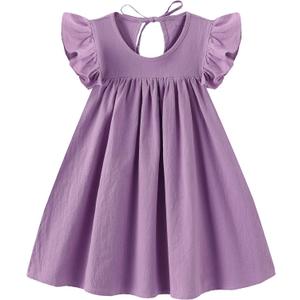 Toddler Girls Ruffle Sleeve Cotton Linen Dress Sleeveless Baby Girl Back Tie Dress Kid Casual Sundress (2T, 1-purple)