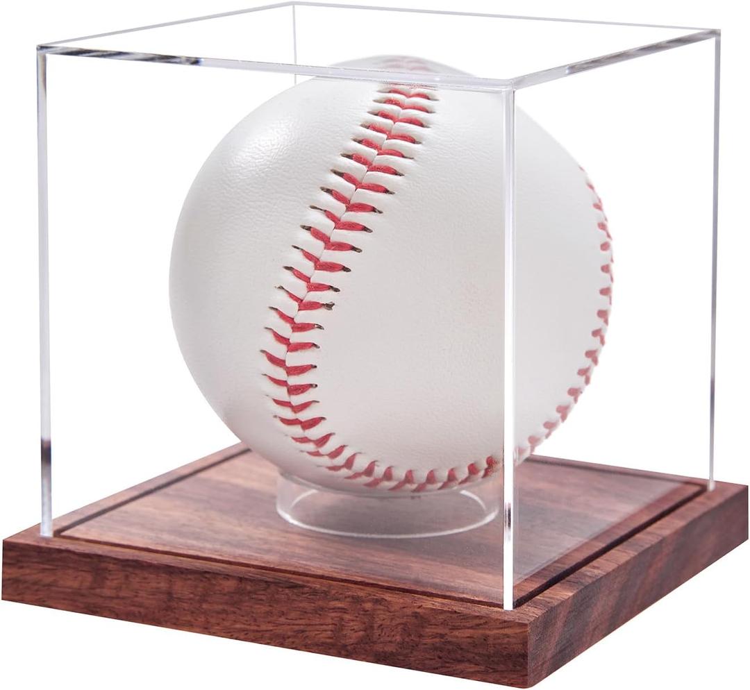 Baseball Display Case, No Assembly Required Clear Cube Tennis Ball Holder with Solid Wooden Base, Autograph Baseball Stand Box for Single Ball (1 Pack)