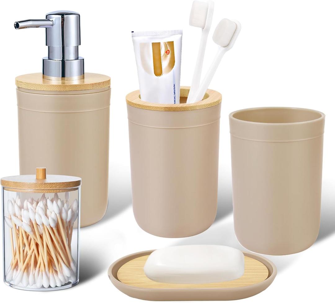 iMucci Bathroom Accessories Set 5Piece Beige Bathroom Sets, Toothbrush Holder, Toothbrush Cup, Lotion Soap Dispenser, Soap Dish and Qtip Holder Bathroom Decor