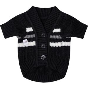 CuteBone Cardigan Striped Knitted Dog Sweater, Arctic Fleece Thermal Dog Winter Clothes for Small Dogs Boy Girl, V-Neck Pet Coat Cat Apparel,Black (Large)