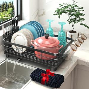 Godboat Dish Drying Rack, Dish Rack with Auto-Drain & Mat, Dish Drainers for Kitchen Counter, Glass Organizer for 4 Cups, 3 Slots Utensil Holder, Gifts for Women Mothers Day, Kitchen Gadgets & Decor (Large/(1-Tier))