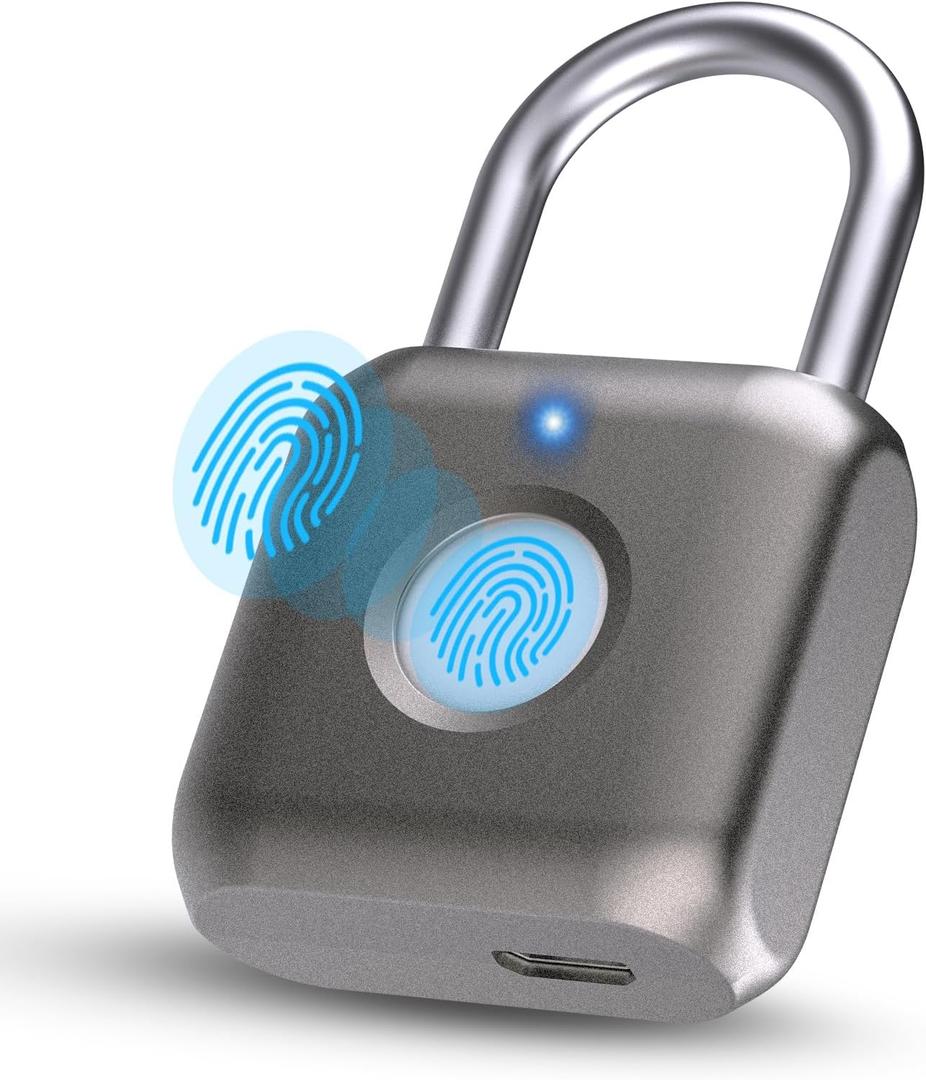 Pothunder Fingerprint Smart Padlock Lock, Biometric Metal Keyless Thumbprint Lock, Waterproof, USB Rechargeable, for Gym Locker, School Locker, Luggage, Backpack, Suitcase(Gray) (Gold)