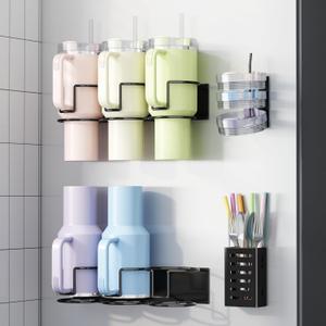 Magnetic Cup Holder for Refrigerator, Fits Stanley 20/30/40 oz Tumblers, Water Bottles Organizer with Lid Rack & Straw Holder Black Kitchen Cup Storage Rack for Stanley Cup Accessories
