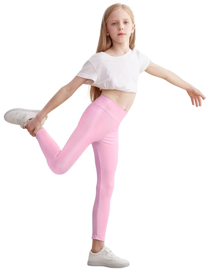 Gnainach Girls Metallic Leggings Size 12-13 Years Old Sparkly Pink Comfort Stretch High Waisted Active Yoga Pants for Youth Workout