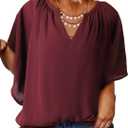 Eytino Womens Plus Size Tops Loose V Neck Bell Short Sleeve Casual Chiffon Blouses Pleated Flowy Shirts (Red, XXL)