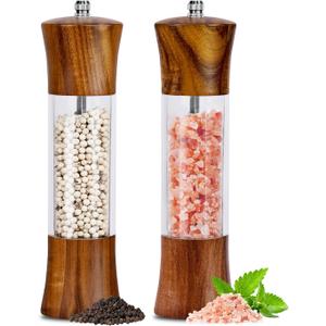 Acacia Wood Premium Acrylic Salt and Pepper Grinder Set 8 Inches Salt and Pepper Mill Set, Manual Mills- Wooden Shakers with Adjustable Ceramic Core 2 Pack for Kitchen Home Gift