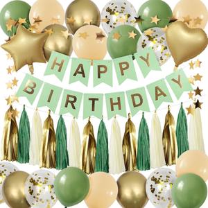 Sage Green Birthday Party Decorations Set - Happy Birthday Banner, Stars Garland, Tassel Paper Garland and Balloons for Women Girls' Party Decor