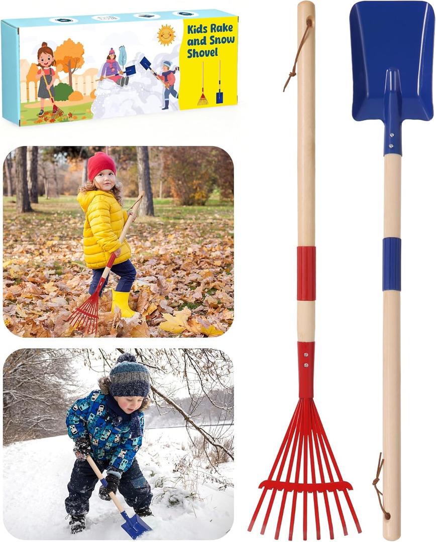 2 Pcs Kids Rake and Shovel Set,28" Toddler Size Metal Snow Shovel & Leaves Rake with Wooden Handle,Real Gardening Tools for Child Age 3 for Little Helpers in Winter Yard Fun