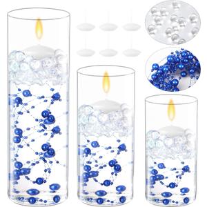 Shihanee 15 Pcs Clear Glass Cylinder Vases Centerpiece Flower Vase Candle Holder for Centerpiece Wedding Party Decor with Candles Faux Pearls String and Beads (Royal Blue)